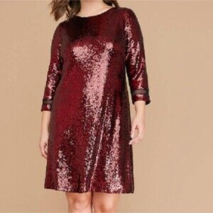 NWT Lane Bryant Sequin Mesh Detail Dress Burgundy Shift Quarter Sleeves Plus 26
